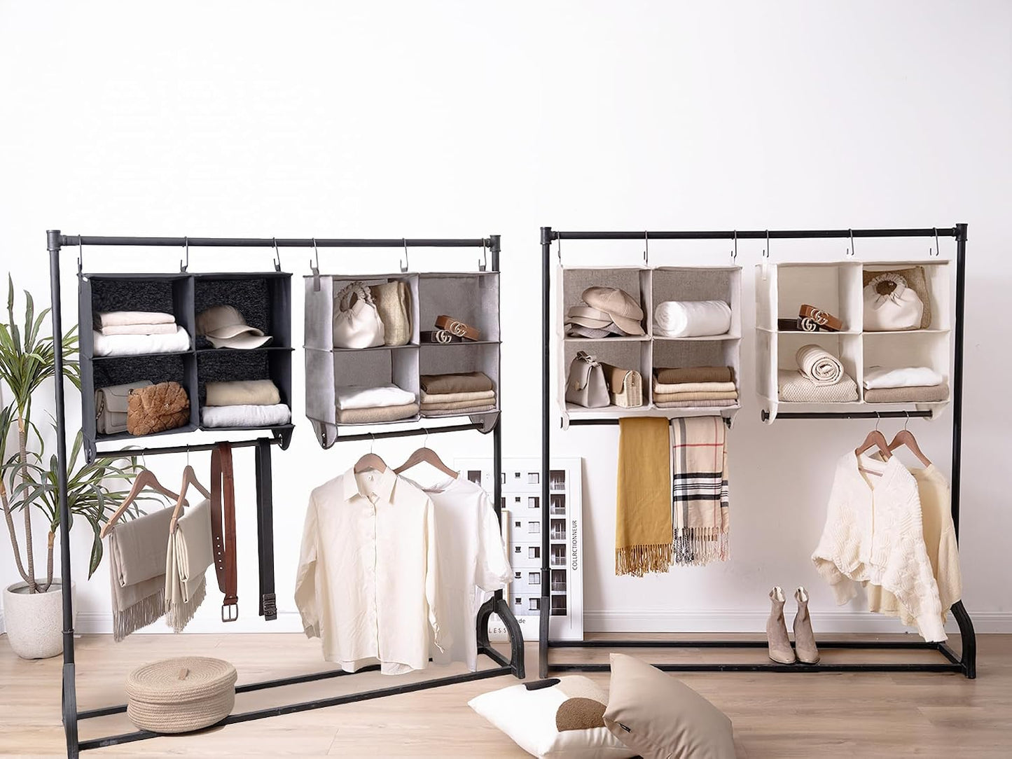 StorageWorks Hanging Closet Organizer with Metal Rod, 4-Section Closet Organizers and Storage, Collapsible Hanging Shelves for Baby Clothes, Shoes, Sweater Storage, Ivory and White