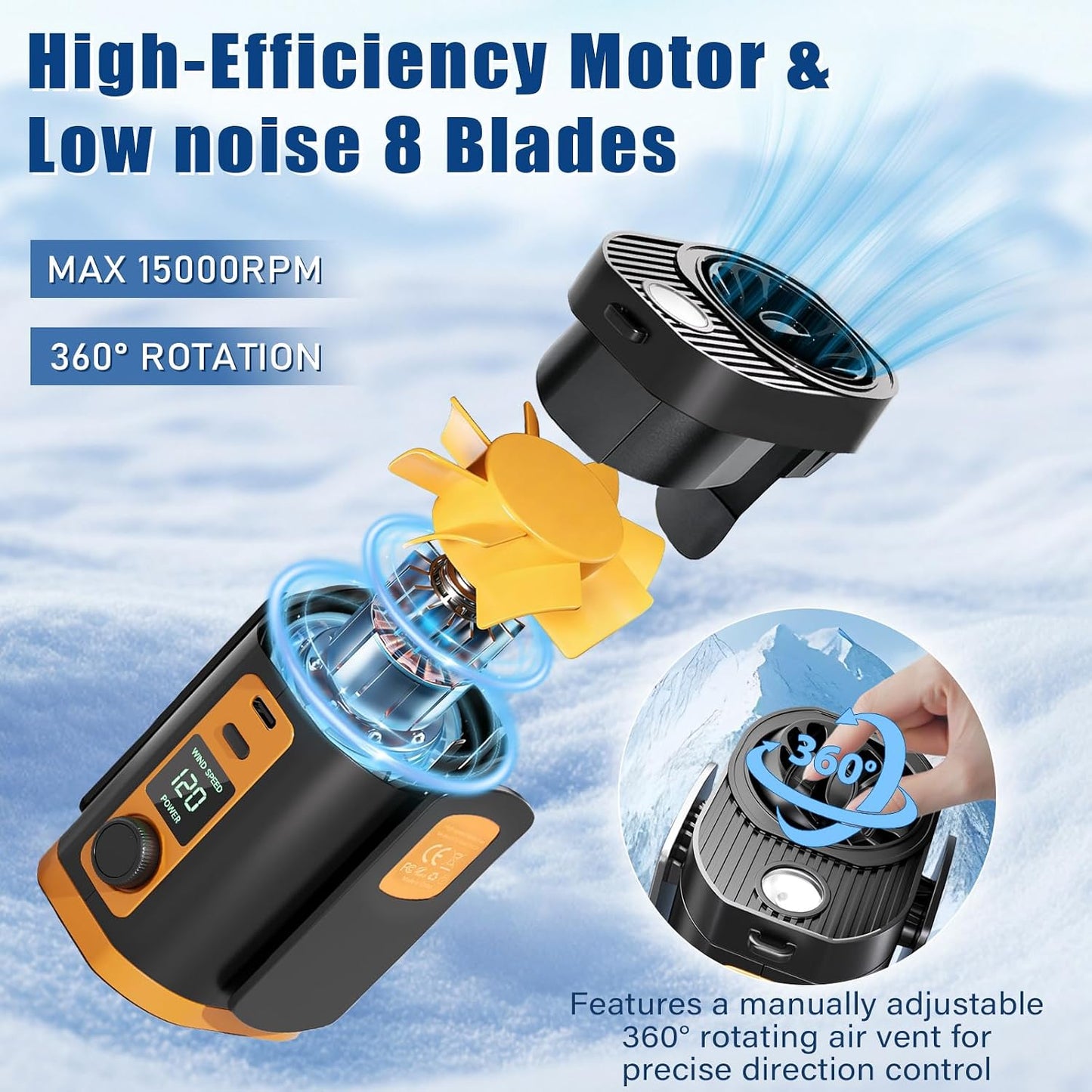 Portable Fan,120-Speed Adjustable Waist Clip Fan Turbo Cooling, Rechargeable Clip-On Personal Fan with LED flashlight,for Outdoor,Travel,Camping