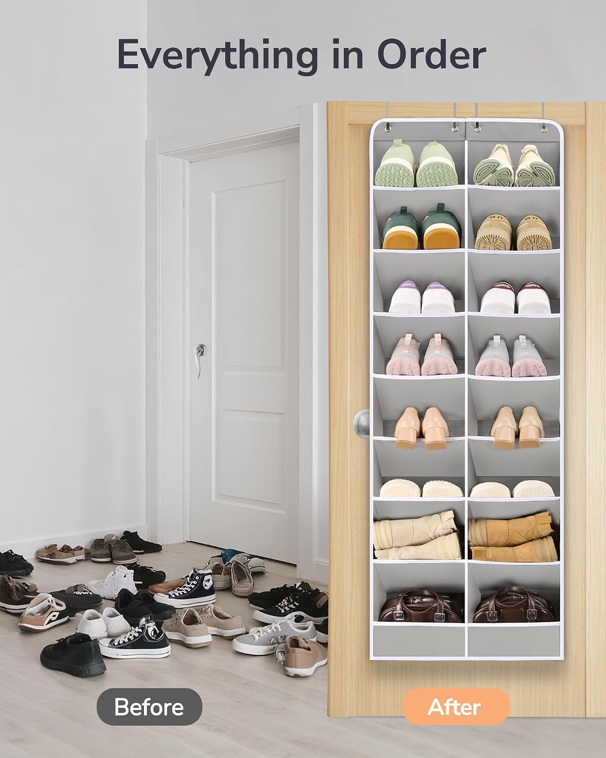 ULG Over The Door Shoe Organizer for Closet Fit 24-32 Pairs with Large Deep Pockets, Narrow Shoe Rack for Door Hanging Boots Storage, Black
