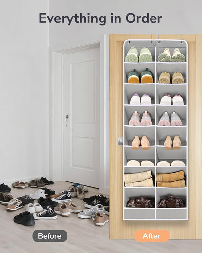 ULG Over The Door Shoe Organizer for Closet Fit 24-32 Pairs with Large Deep Pockets, Narrow Shoe Rack for Door Hanging Boots Storage, Black