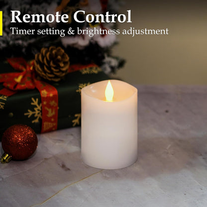 3"x4" Flickering Flameless Battery Candles with Timer, White Realistic LED Pillar Candles, Set of 2 Large Remote-Operated Candles for Home Indoor/Outdoor & Holiday Decor