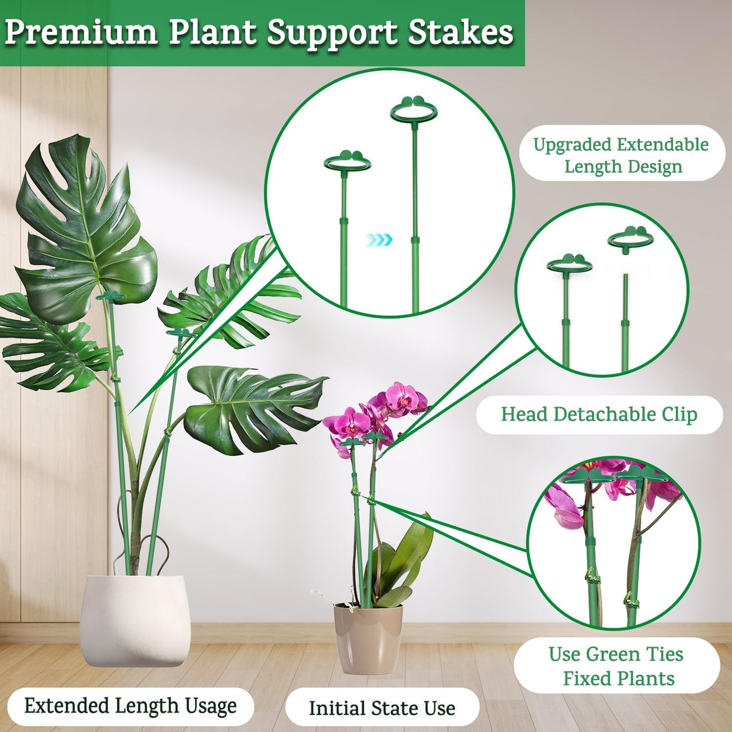 Extendable Plant Stakes, Length Scalable from 17.9IN to 42.3IN Plant Support Stake, Orchid Sticks with Clips for Indoor Outdoor,Garden Stakes for Plant,Tomato,Vegetables,Monstera,Vine - 3Pack