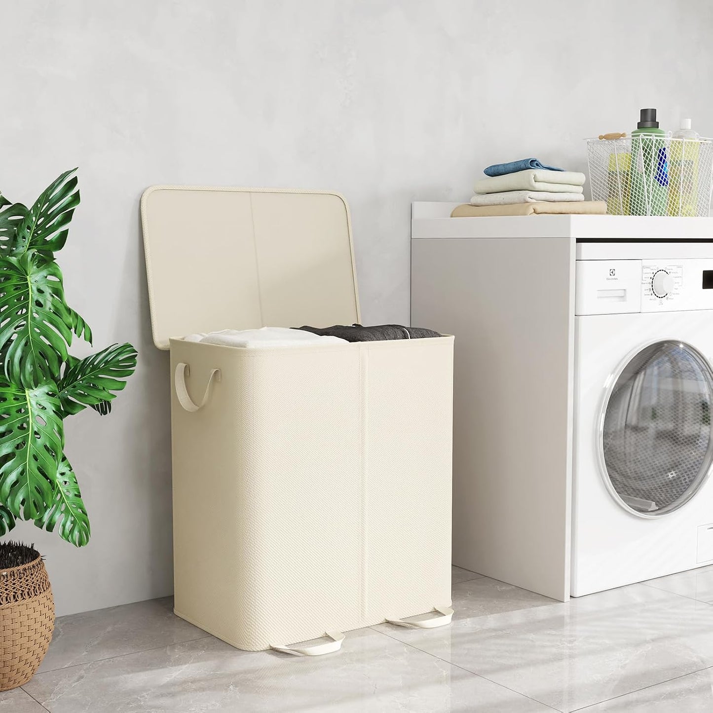 Lifewit Double Laundry Hamper with Lid and Removable Laundry Bags, Large Collapsible 2 Dividers Dirty Clothes Basket with Handles for Bedroom Laundry Room Closet Bathroom College, 136L Beige