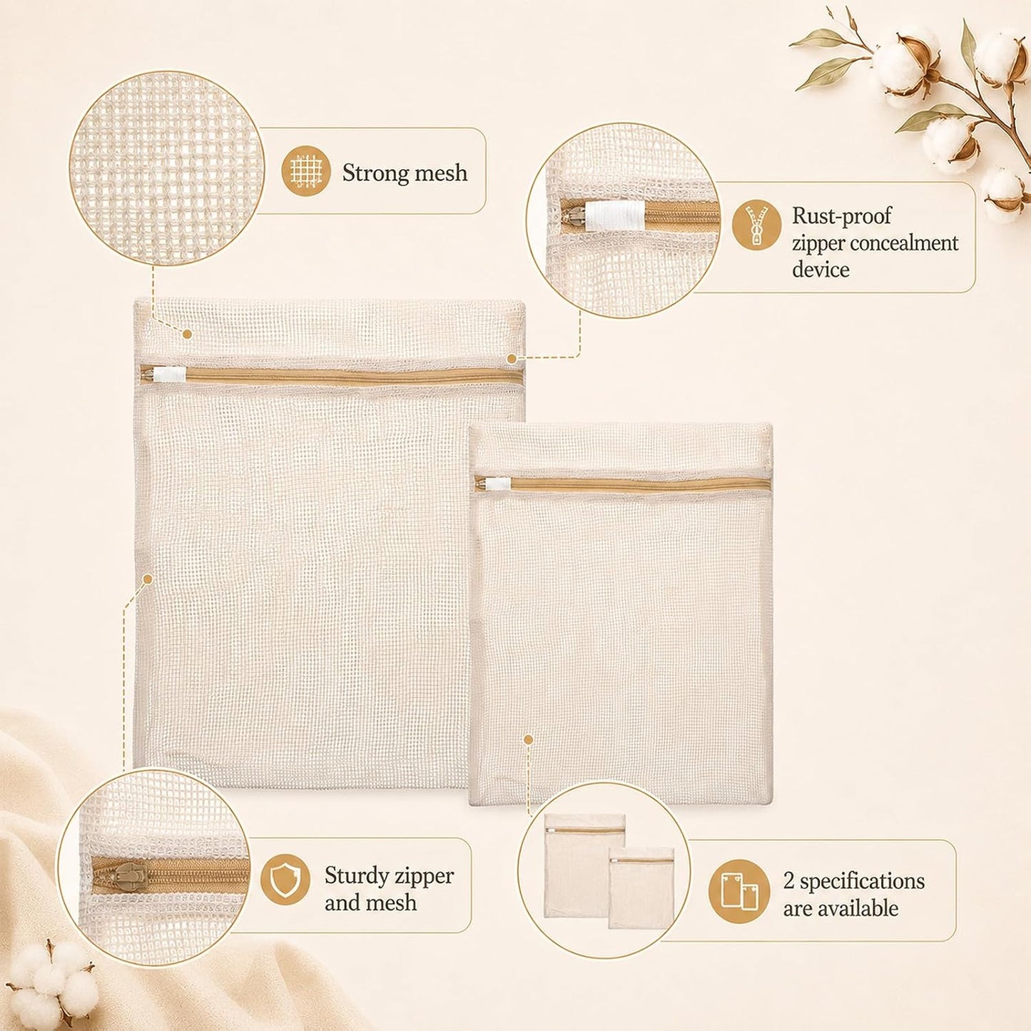 12 Pcs Organic Cotton Mesh Laundry Bags for Delicates | 6 Large & 6 Medium Size Durable Mesh Wash Bags with Sturdy Zipper and Breathable Mesh for Underwear, Clothes, Shoes, Socks