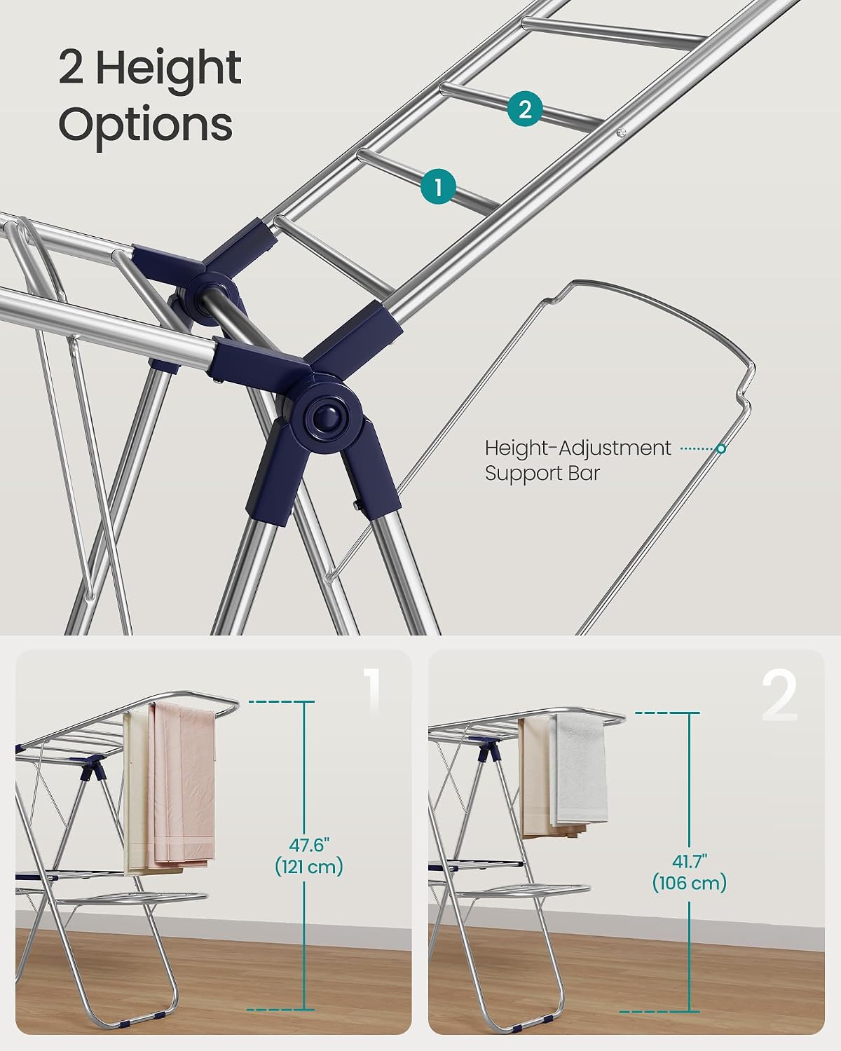 SONGMICS Clothes Drying Rack, Foldable Laundry Drying Rack, Blue | Sock Clips, Metal Clothes Airer with Height-Adjustable Gullwings, Space-Saving, Indoor Outdoor, ULLR505EQ01