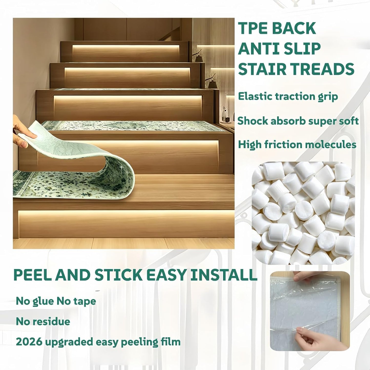 Stair Treads for Wooden Steps, Non Slip Stair Treads Carpet Indoor Residue Free Peel and Stick Washable Stair Covers, Safe for Dogs Kids Elders, Moroccan Beige, 8x30 inch, 1 Pack