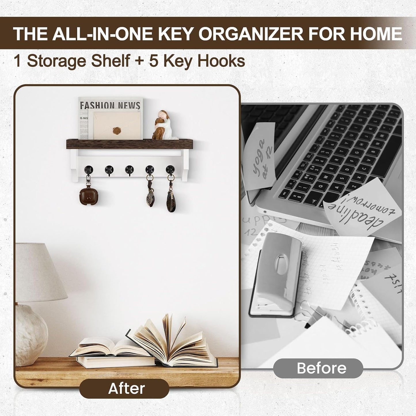 Key and Mail Holder Wall Mount, Key Holder with Shelf and Mail Organizer Wall Mount. Mail Holder with 5 Hooks for Coat, Dog Leash, Home Decor Rack, Entry Way Organizer (White)
