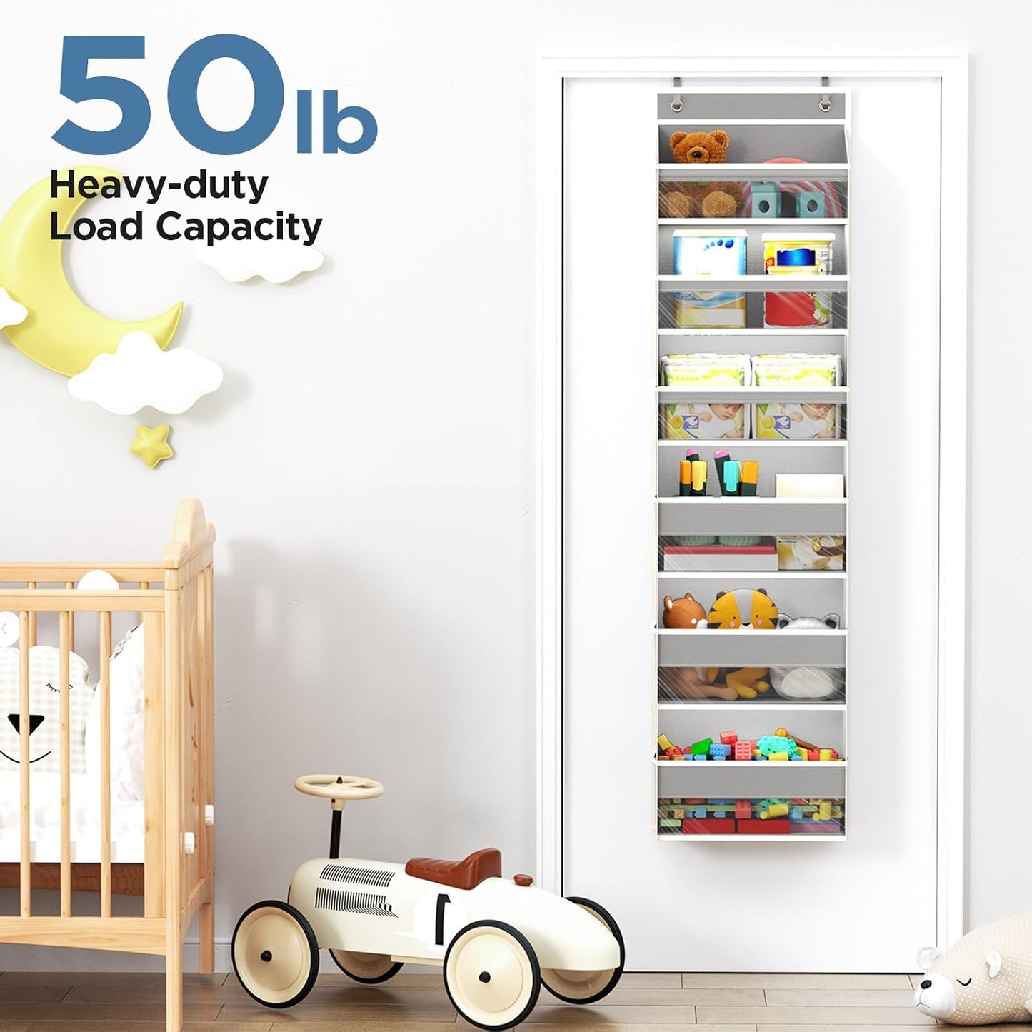 6 Tiers Over The Door Organizer, Heavy Duty Hanging Organizer Storage with Large Capacity Pockets, Behind Door Storage Hanging Shelves for Closet Wall Bathroom Bedroom Nursery Pantry, 1 Pack Grey