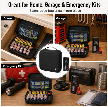 Comecase Battery Storage Case with Tester, Holds 148+ AA AAA C D 9V, Black | Hard-Shell Design, Carry Handle and Custom Foam Slots Keep Batteries Visible, Separated and Ready for Home, Garage or Office