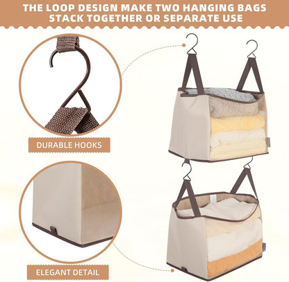 STORAGE MANIAC 2-Tier Hanging Closet Organizer, Fabric Storage Baskets with Hooks, Closet Shelves for Dorm Room, Apartment, Bedroom, Garment Rack & Wardrobe, Ivory
