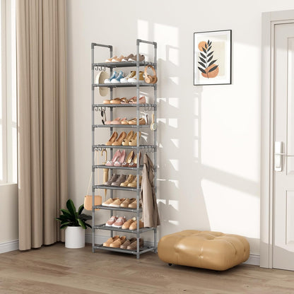 VTRIN 10 Tiers Tall Shoe Rack Holds 20-25 Pairs of Shoes Sturdy Vertical Shoe Organizer with 18pcs Hooks Stackable Narrow Shoe Rack for Closet, Entryway Black