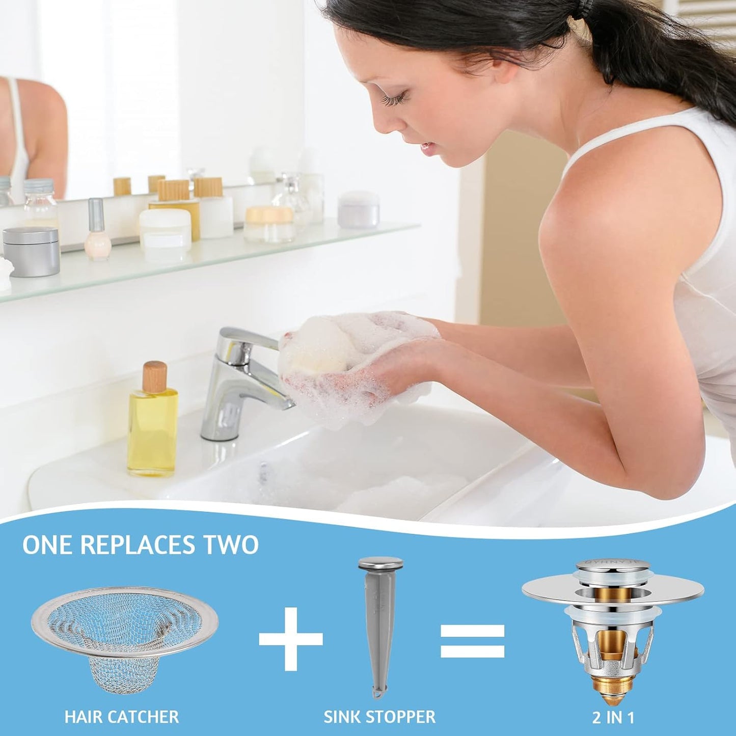 QYHNYJF Bathroom Sink Stopper with Hair Catcher – Universal Pop-Up Drain Strainer for 1.1–1.5 inch US Standard Sink Drain Holes, Anti-Clog Basin Stopper, Silver