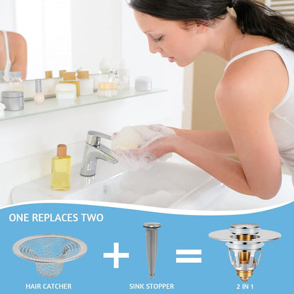 QYHNYJF Bathroom Sink Stopper with Hair Catcher – Universal Pop-Up Drain Strainer for 1.1–1.5 inch US Standard Sink Drain Holes, Anti-Clog Basin Stopper, Silver