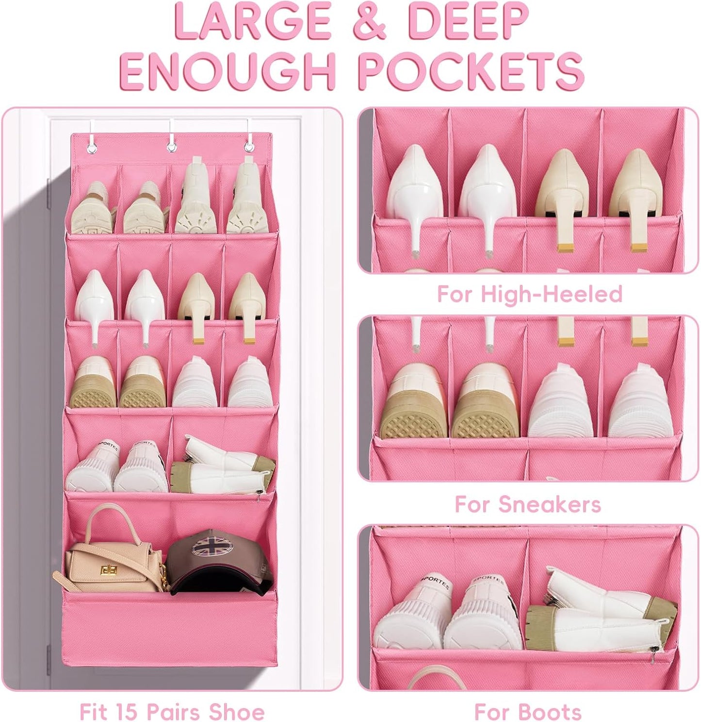 FENTEC 1 Pack Over-the-Door-Shoe-Organizers,Hanging Organizers with Large Pocket Shoe Holder Hanging Shoe Rack for Closet Shoe Organizer for Wall, Over Door Organizer with 15 Pockets Gray