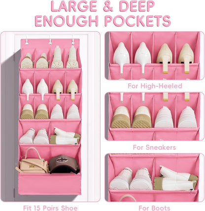 FENTEC 1 Pack Over-the-Door-Shoe-Organizers,Hanging Organizers with Large Pocket Shoe Holder Hanging Shoe Rack for Closet Shoe Organizer for Wall, Over Door Organizer with 15 Pockets Gray