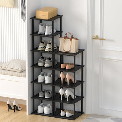 MHXW SXPN Bamboo Free Standing Shoe Rack Shelf Multi Tier Tall Wooden Stackable Shoes Rack Organizer for Closet Front Door Entrance Narrow Vertical Shoe Storage (Nature, 7 Tiers)