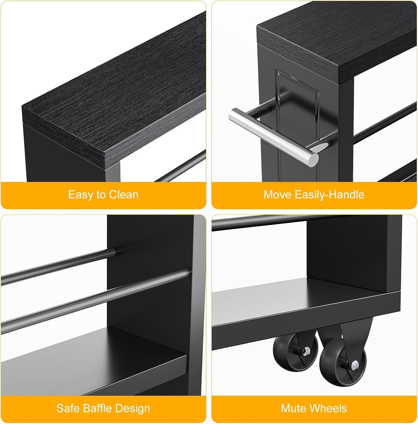 KLM Rolling Storage Cart 4-Tier Black Kitchen Cart with Wheels, Slim Storage Cart with Handle Slide Out Utility Cart Shelving Unit Organizer Trolley for Laundry Narrow Places Bathroom Small Corner