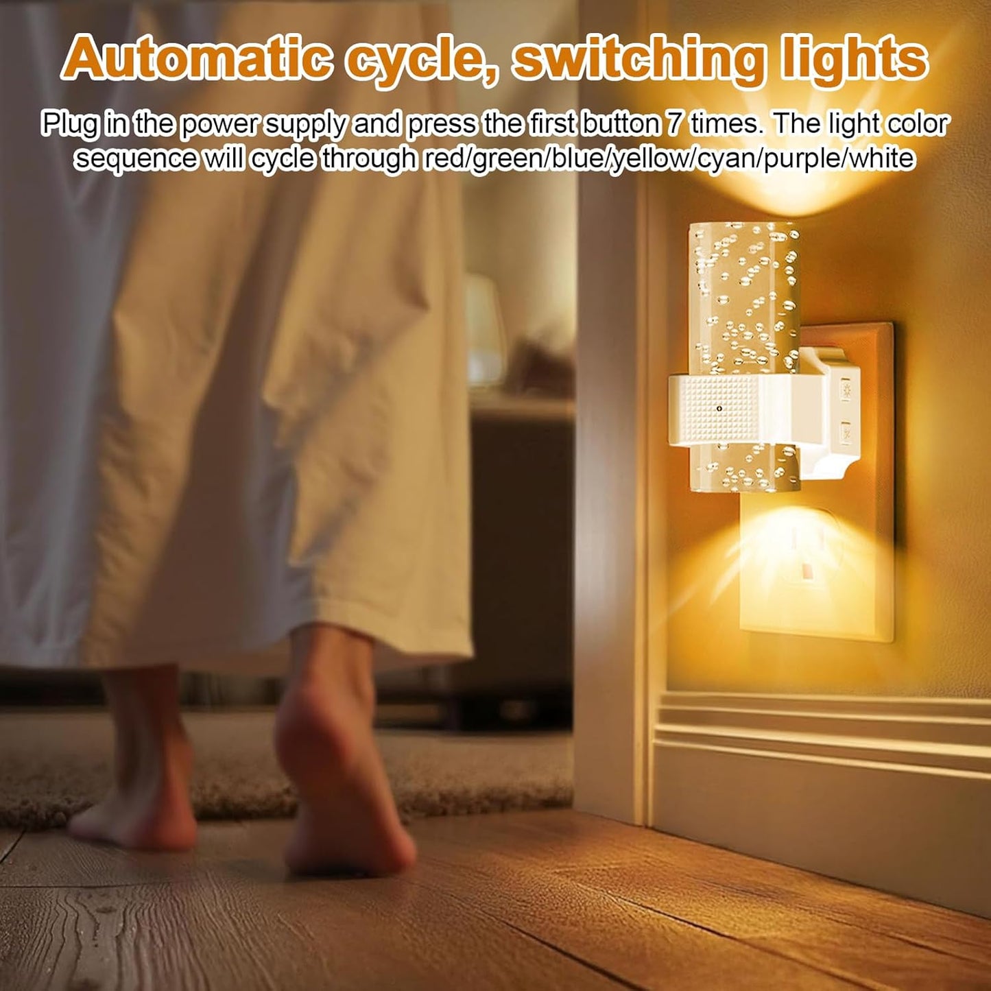 Night Lights Plug into Wall, 2 Pack Acrylic Stair Light, 7 Colors Dimmable Nightlight with 0-100 LM Adjustable Brightness, 3000K Plug in Wall Lamp with Dusk to Dawn Sensor, for Bedroom, Hallway