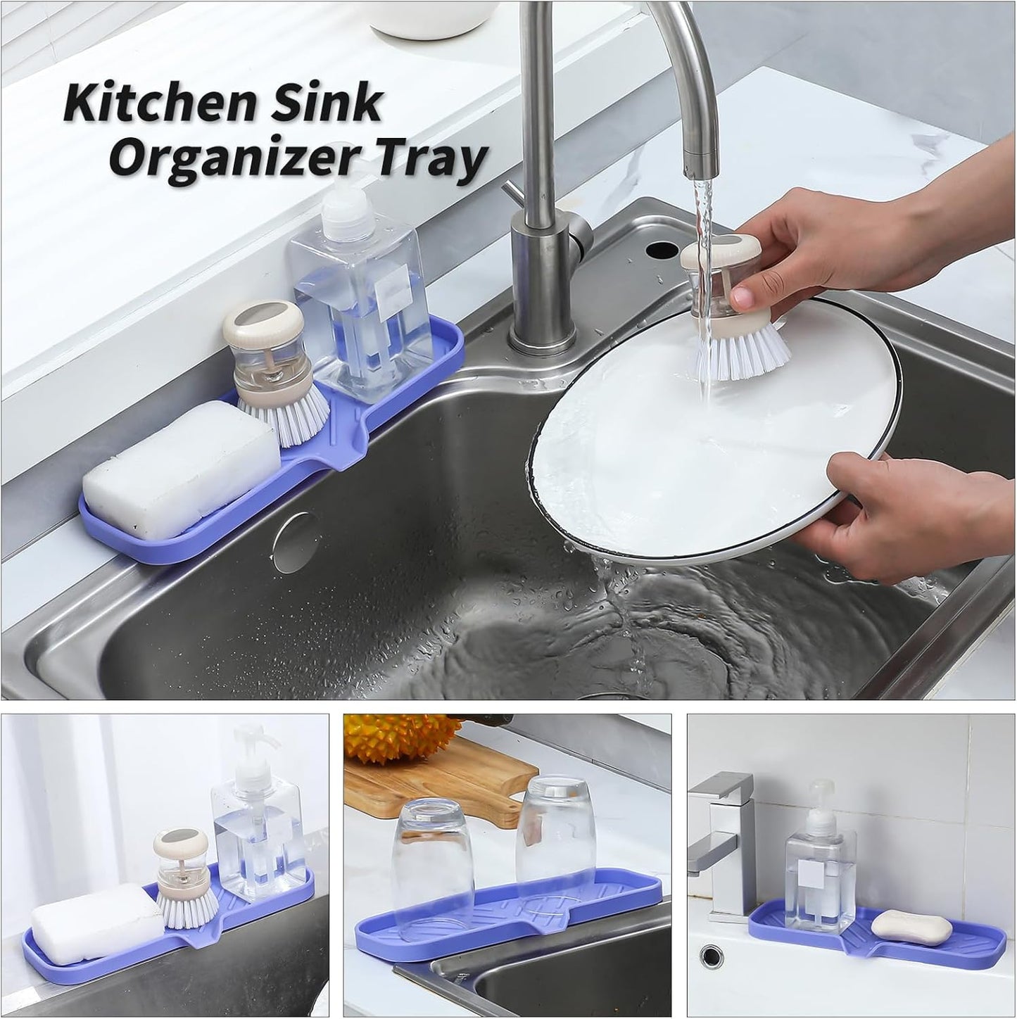 MicoYang Silicone Bathroom Soap Dishes with Drain Spout-Bathroom and Kitchen Sink Organizer,Sponge Holder,Dish Soap Tray,Perfect for Dispenser,Scrubber,Bottle,Cup on Sink or Counter-Coffee 4.9"×3.2"