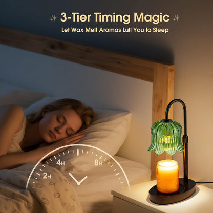 Candle Warmer Lamp Adjustable Timer - Electric Flower Glass Candles Warmers Adjustable Height Dimmable Vintage Base Modern Wax Candles Top Warmers for Small Jar Scented Wax Melts