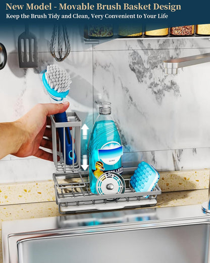 Consumest Sponge Holder for Kitchen Sink - Kitchen Sink Caddy Organizer with Removable Drip Tray for Countertop Dish Soap Dispenser Brush Storage Accessories 304 Stainless Steel - Black