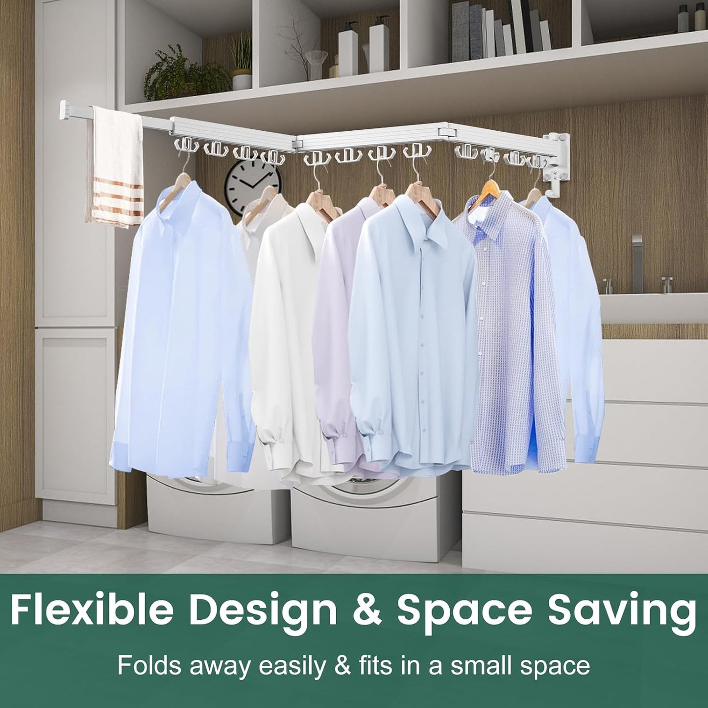 Kelisiting Clothes Drying Rack, Wall Mounted Laundry Drying Rack, Upgrade 3-Fold Foldable Collapsible Retractable Clothing Drying Rack with 12 Dual Hooks Organization for Laundry Room Indoor- Black