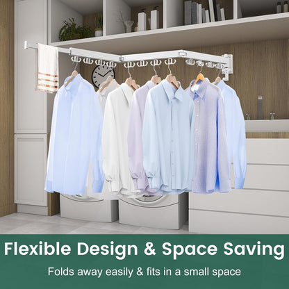 Kelisiting Clothes Drying Rack, Wall Mounted Laundry Drying Rack, Upgrade 3-Fold Foldable Collapsible Retractable Clothing Drying Rack with 12 Dual Hooks Organization for Laundry Room Indoor- Black