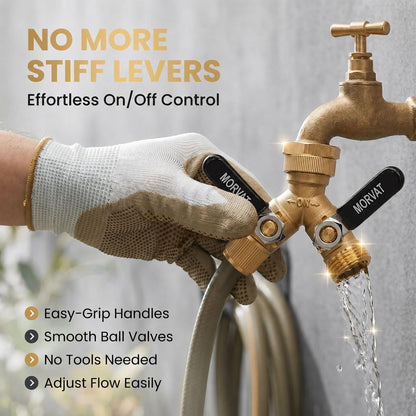 Brass Heavy-Duty Garden Hose Water Splitter | LEAD-FREE 2-Way Y Splitter for Water Spigot & Faucet | Manifold Connector ON/OFF Valves w/Improved Comfort Grip, 3 Extra Washers & Teflon Tape