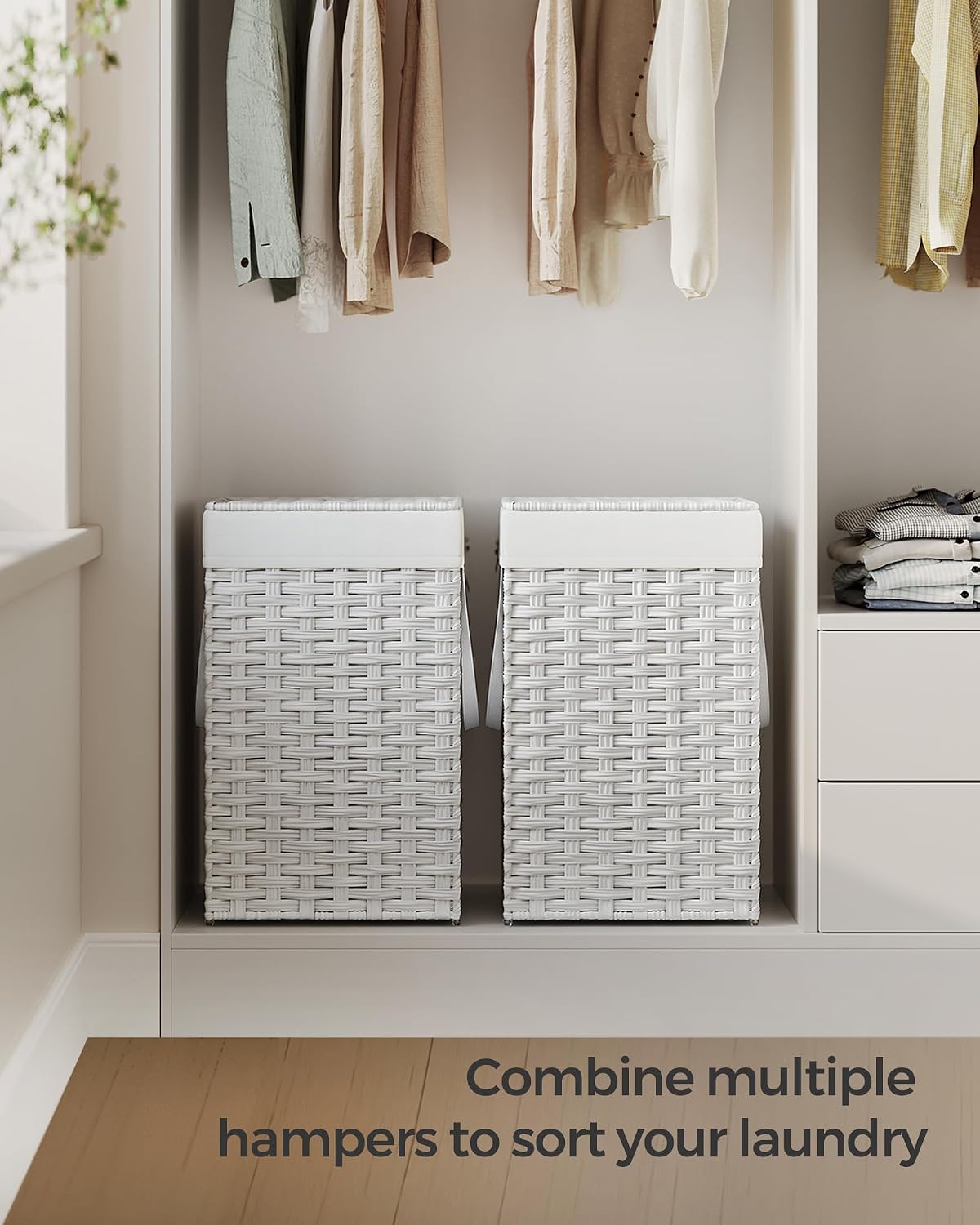 SONGMICS Laundry Hamper with Lid, 23.8 Gallon (90 L) Synthetic Rattan Clothes Laundry Basket with Lid and Handles, Foldable, Removable Liner, Chestnut Brown ULCB051K02