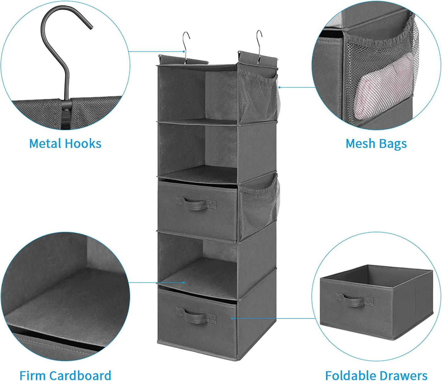 MAX Houser 4-Shelf Hanging Closet Organizer, Space Saver, Cloth Hanging Shelves with 2 Side Pockets, Foldable (Beige)