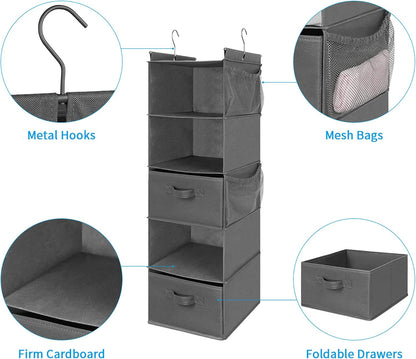 MAX Houser 4-Shelf Hanging Closet Organizer, Space Saver, Cloth Hanging Shelves with 2 Side Pockets, Foldable (Beige)