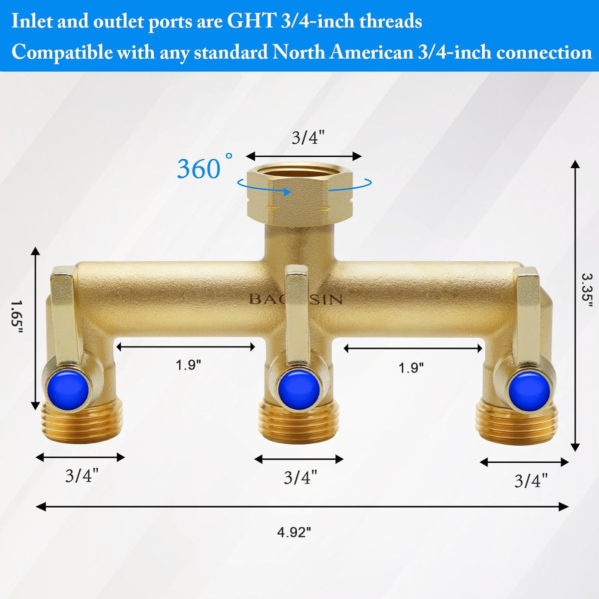 Brass Garden Hose Splitter, Hose y Splitter with Shutoff, Hose Splitter 2 Way Heavy Duty, Brass Y-Valve Water Garden Hose Adapter 2-Way Y-Valve 3/4" GHT Threads