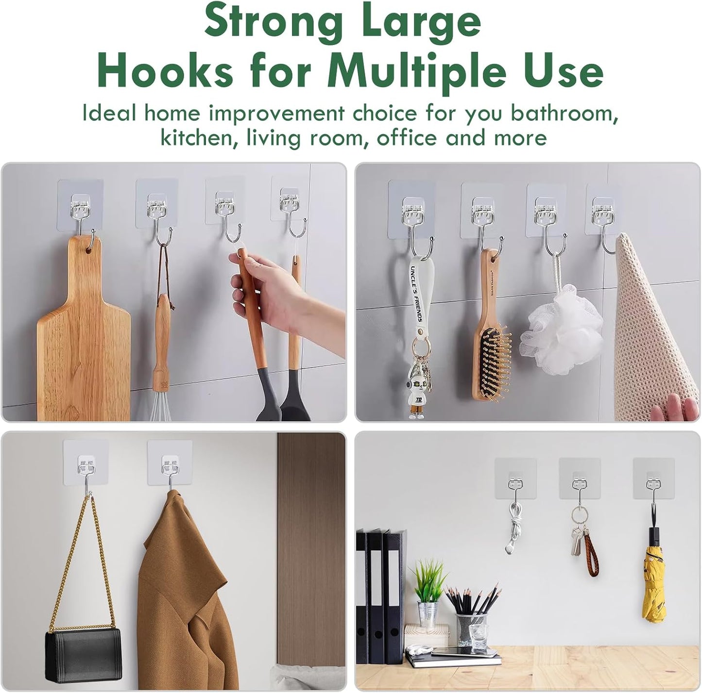 10 Pack Large Adhesive Hooks, Wall Hooks for Hanging Heavy Duty 22Ib(Max), Clear and Removable Strong Sticky Hooks, Waterproof and Rustproof Multiple Uses for Bathroom Kitchen Office