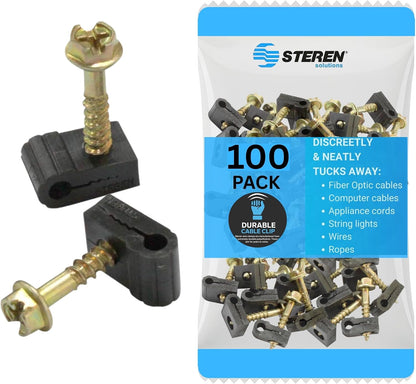 STEREN Coaxial Cable Clips - Cable Holder - Wire Clips - Siding Clips For Hanging - Cord Holder For Desk - Cable Clamps - Cord Clip - Wire Organizer Clips - Tv Mount Screws - Black - 100 Pack