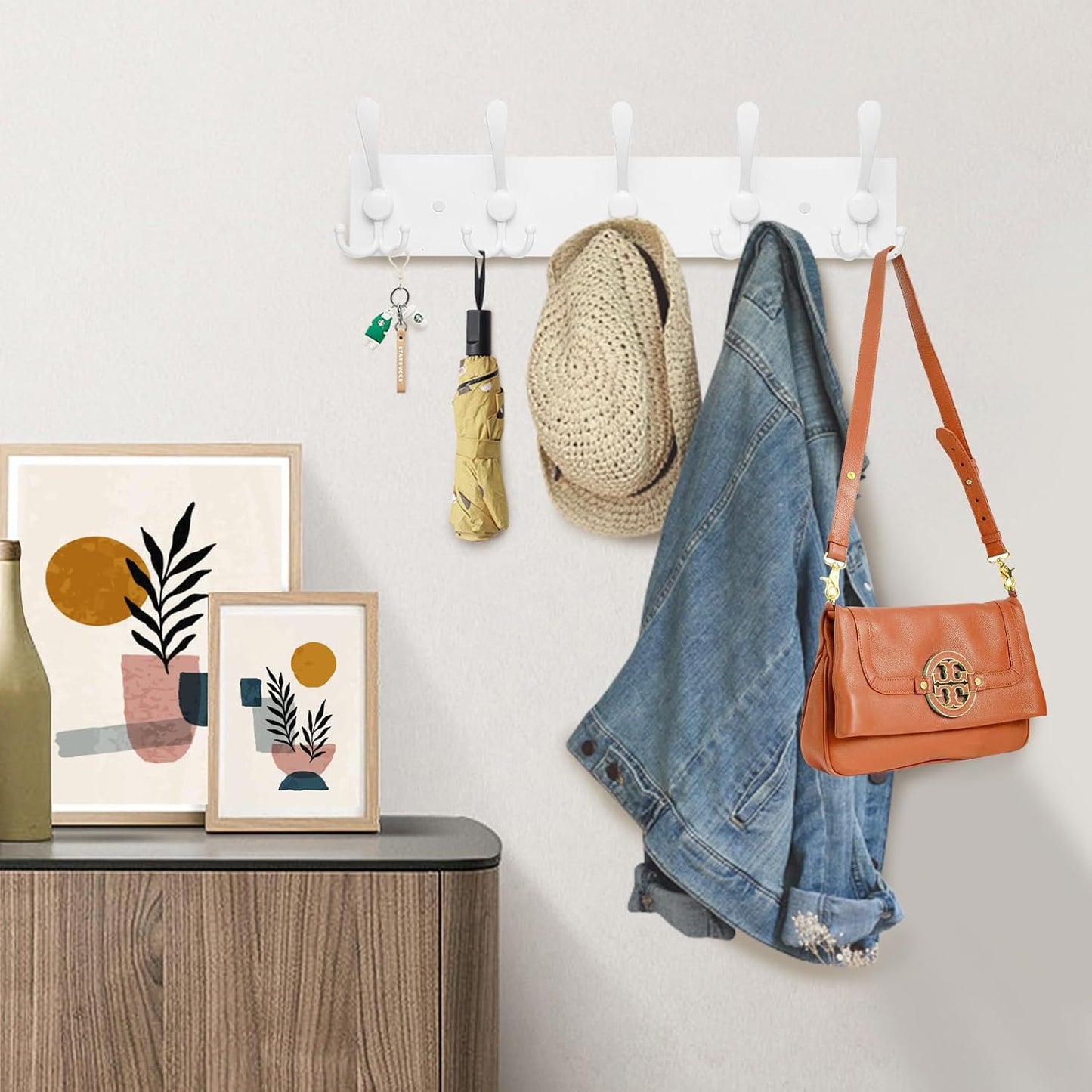 Kuhome 2pcs Coat Rack Wall Mount Wooden Hat Rack for Wall Hooks Pine Real Wood Plank 16.9" Brown Coat Hanger with 5 Triple Hooks for Hanging Coat Hat Jacket