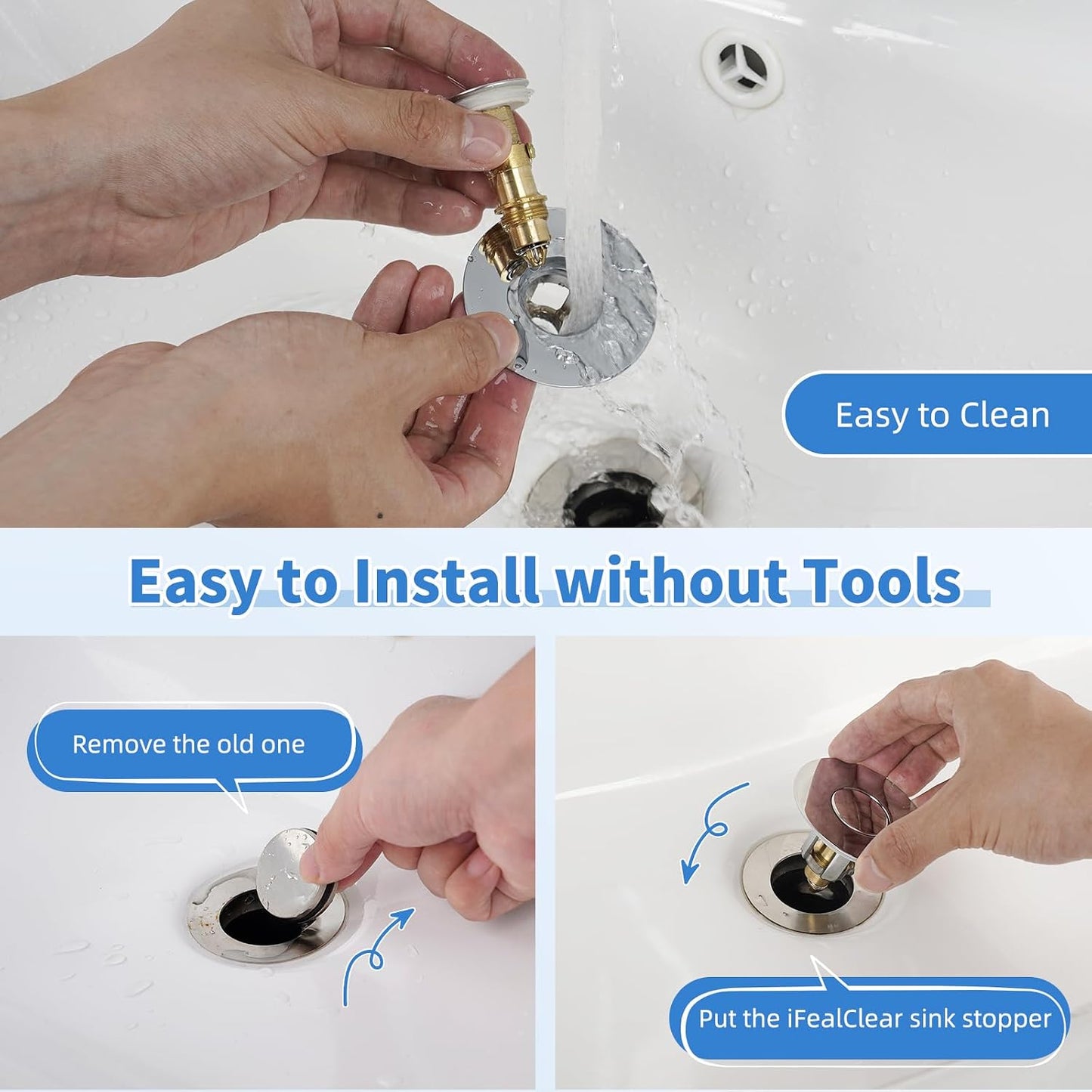 iFealClear Metal Universal Bathroom Sink Stopper, Upgraded Stainless Steel Sink Drain Strainer for 1.1''~2.36" Basin Pop Up Drain Strainer, Anti-Clogging Filter Basket, Brushed Nickel