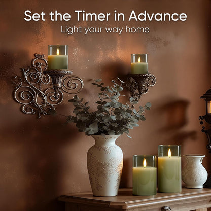5plots Glass Battery Operated White Flameless Candles with Remote Timer, 3D Wick Real Wax Pillar Led Candles Warm Flickering Light for Indoor Home, Halloween, Christmas Decor, Set of 3, D3 x H4 5" 6"