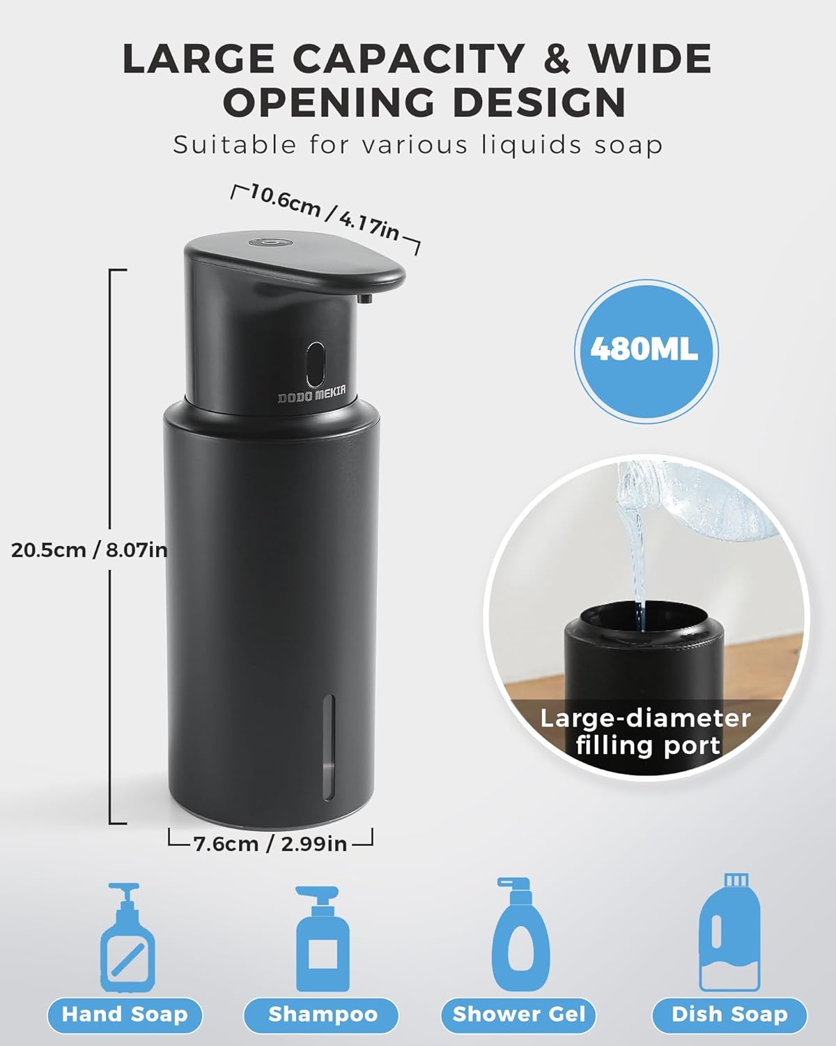 Automatic Liquid Soap Dispenser Touchless, 304 Stainless Steel Bottle Body &16.2oz/480ml Rechargeable, 3 Adjustable Liquid Levels, IPX7 Waterproof, for Kitchen Bathroom, Stainless Steel