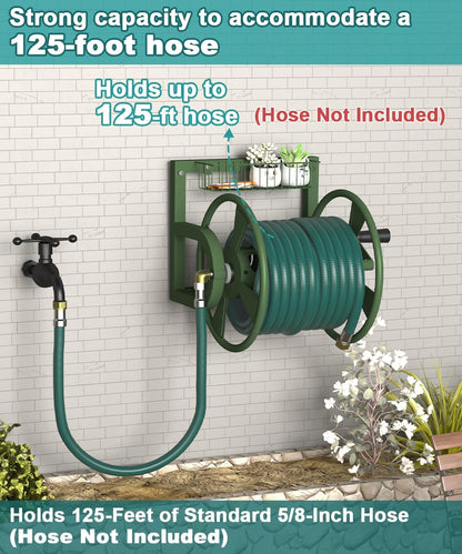 Artigarden Garden Wall Mounted Hose Reel, Outdoor Heavy-Duty Water Hose Holder Winder, Holds 125 Feet of 5/8-Inch Hose, with 3.9 ft Leader Hose, Water Fitting and Storage Basket for Yard, Black