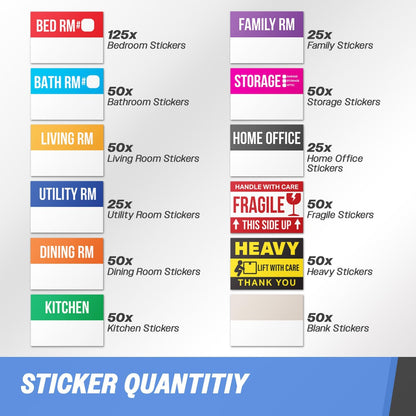 Moving Labels (3 x 2 inch, 300 per Pack) Ideal for 1-2 Bedroom Homes - 10x Designs of Color-Coded Moving Stickers w/Write-in Area, Fragile, Heavy & Blank Labels