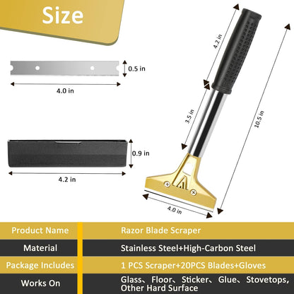 Razor Blade Scraper,Floor Scraper Tool with 20PCS Extra Blades,Paint Scraper Ideal for Cleaning Stove Top,Windows,Glass,Tiles,Wall,Labels.(4 in,Metal) | Heavy-duty,Reinforced aluminum alloy head with a steel shaft