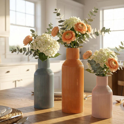 White Ceramic Flower Vases Set of 3, Modern Matte Vertical Ribbed, Nordic Minimalist Decor for Pampas, Dried & Fresh Flowers, Centerpiece for Living Room, Shelf, Entryway, Wedding,Office