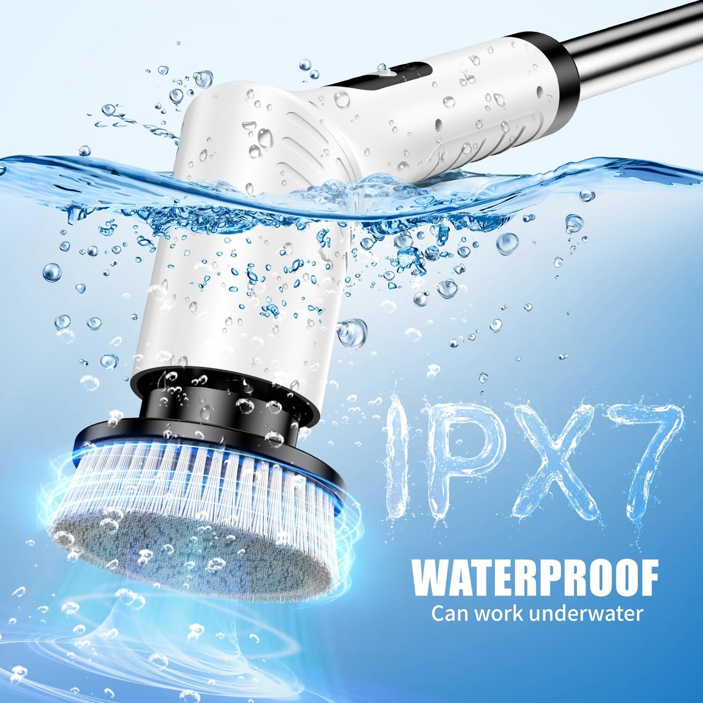 Electric Spin Scrubber, Cordless Power Cleaning Brush with 7 Replaceable Heads, Adjustable Long Handle, & LCD Display, IPX7 Waterproof Shower Scrubber for Bathroom, Tub, Tile, Kitchen & Car