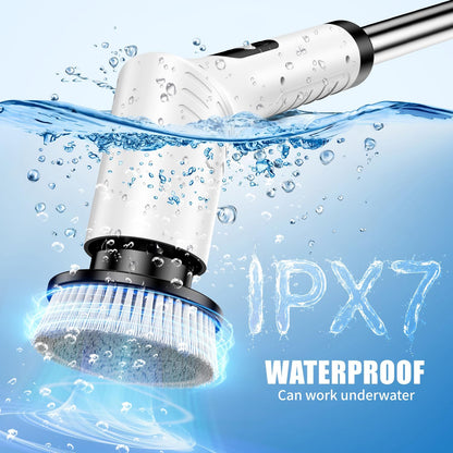 Electric Spin Scrubber, Cordless Power Cleaning Brush with 7 Replaceable Heads, Adjustable Long Handle, & LCD Display, IPX7 Waterproof Shower Scrubber for Bathroom, Tub, Tile, Kitchen & Car