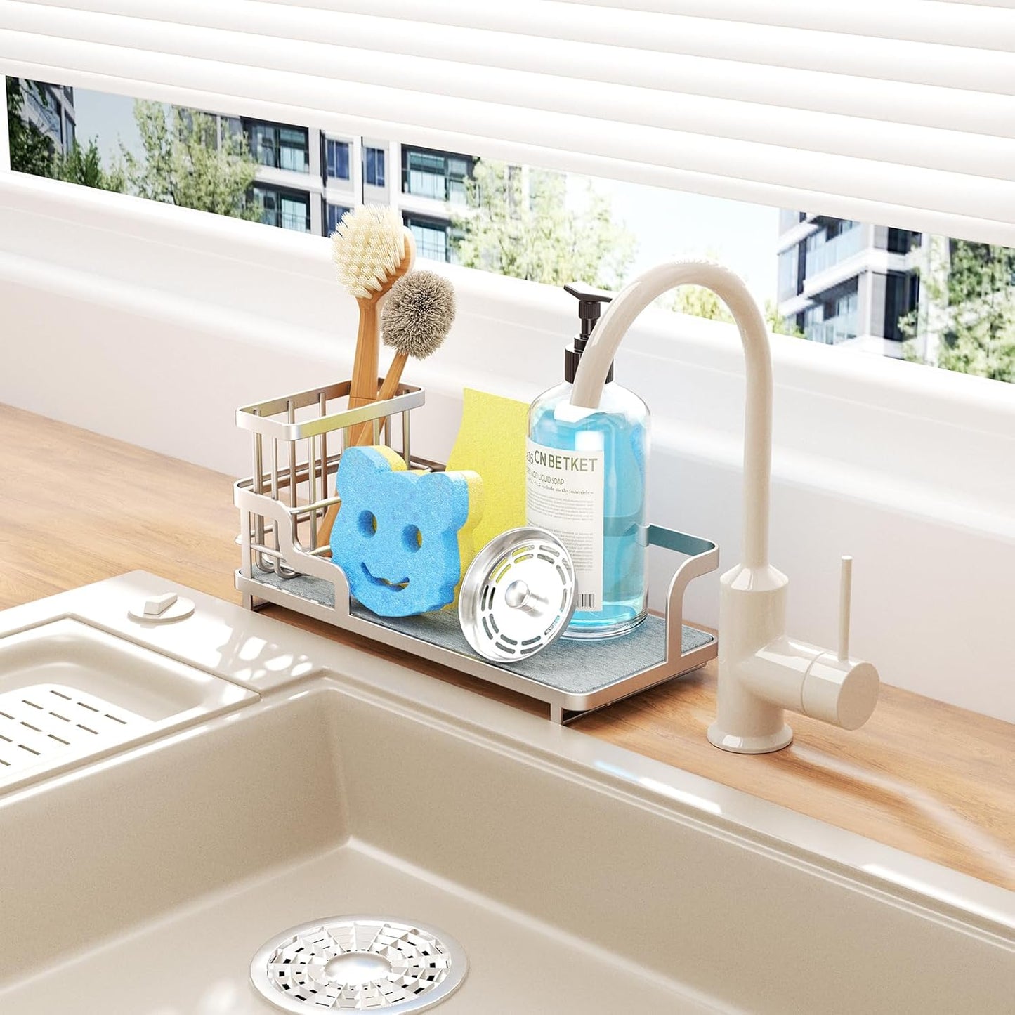 Consumest Sponge Holder for Kitchen Sink - Sink Caddy Organizer with Water Absorbing Stone Tray, Detachable Brush Holder, Stainless Steel Kitchen Counter Organizer Rack, Black