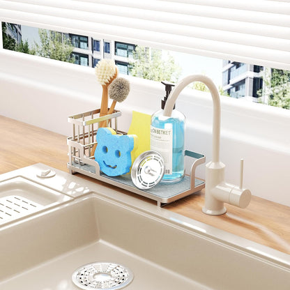 Consumest Sponge Holder for Kitchen Sink - Sink Caddy Organizer with Water Absorbing Stone Tray, Detachable Brush Holder, Stainless Steel Kitchen Counter Organizer Rack, Black