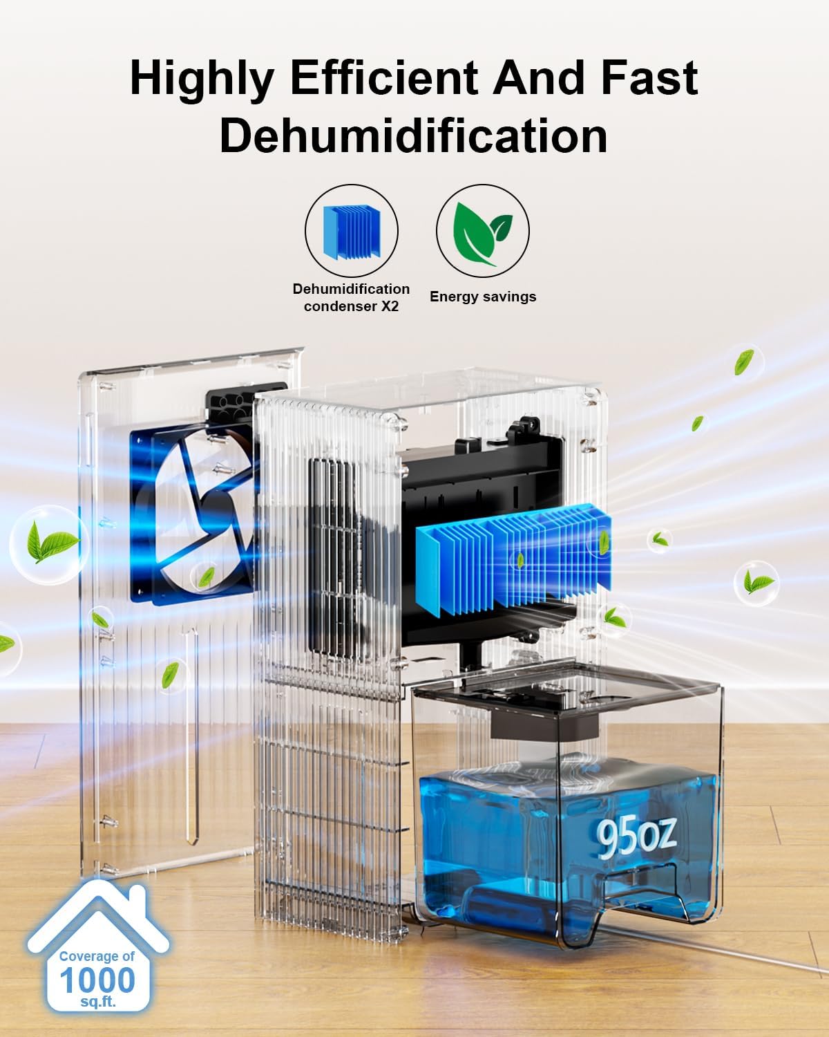 Dehumidifier for Home, 95 OZ Water Tank, (1000 sq.ft) Dehumidifiers for Bathroom Bedroom Basement RV with Drain Hose, Auto Shut Off White