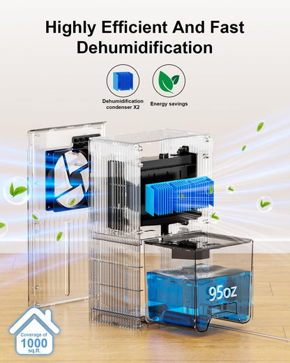 Dehumidifier for Home, 95 OZ Water Tank, (1000 sq.ft) Dehumidifiers for Bathroom Bedroom Basement RV with Drain Hose, Auto Shut Off White