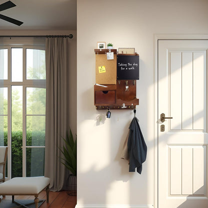 Key Holder for Wall Mount with Shelf and Mail Organizer, Key and Mail Holder with 16 Hooks, Farmhouse Entryway Organizer, Home Decor Rack (Pine Wood, Black)