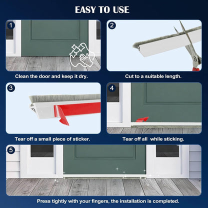 Door Sweep for Bottom of Door, 39.2" L Integrated Design with Brush, Self Adhesive Under Door Draft Stopper for Bottom of Door, Door Seal Dust/Noise/Hot or Cold Air Insulation, White 2" W
